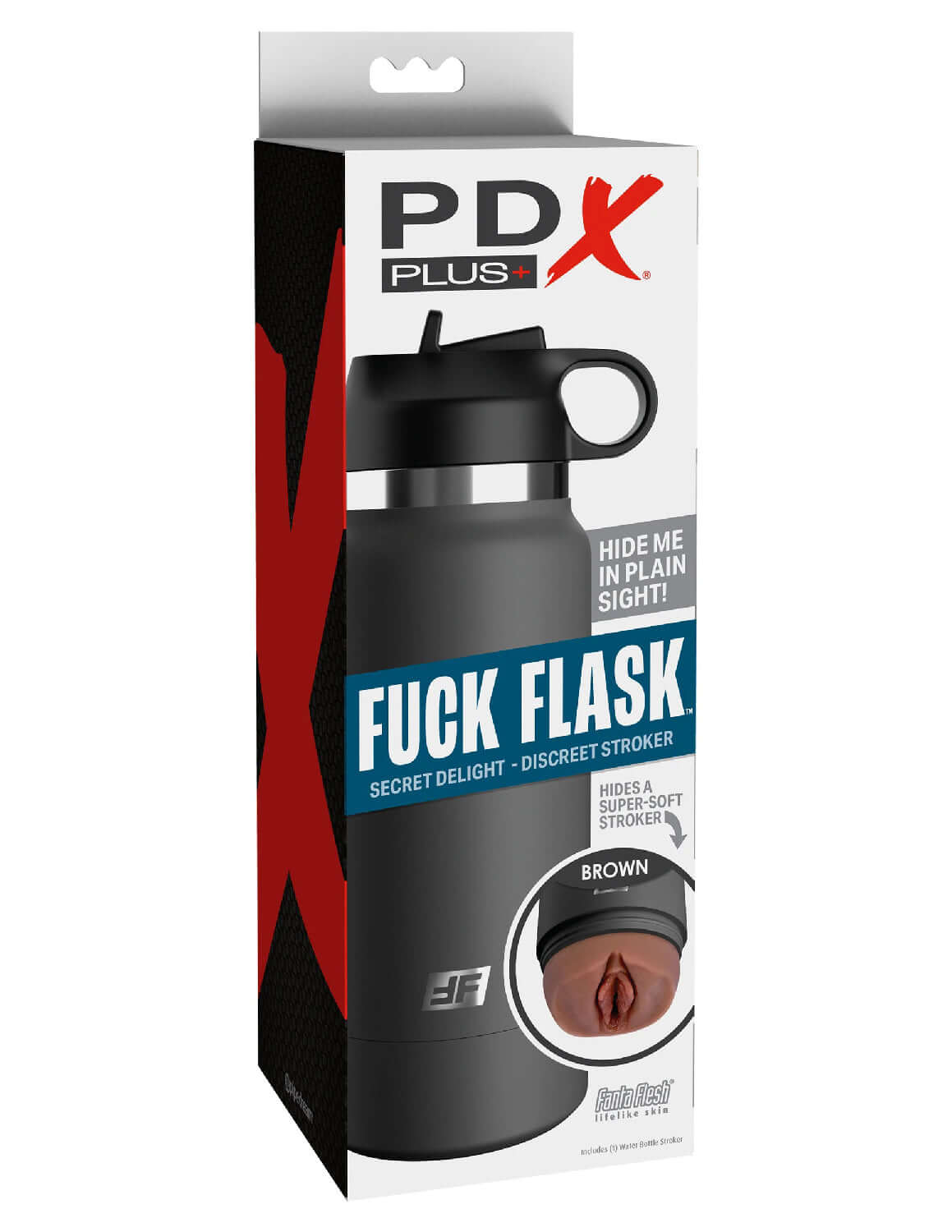 Fuck Flask Secret Delight Stroker Grey Bottle Brown in packaging, discreet male stroker designed like a water bottle.