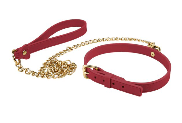 Temptasia Ardor Collar and Leash Red set featuring red silicone collar and leash with gold chain accents.