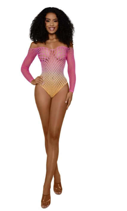 Model wearing Dreamgirl Ombre Net Bodystocking OS Tropical Peach in vibrant ombre colors and bold net pattern.