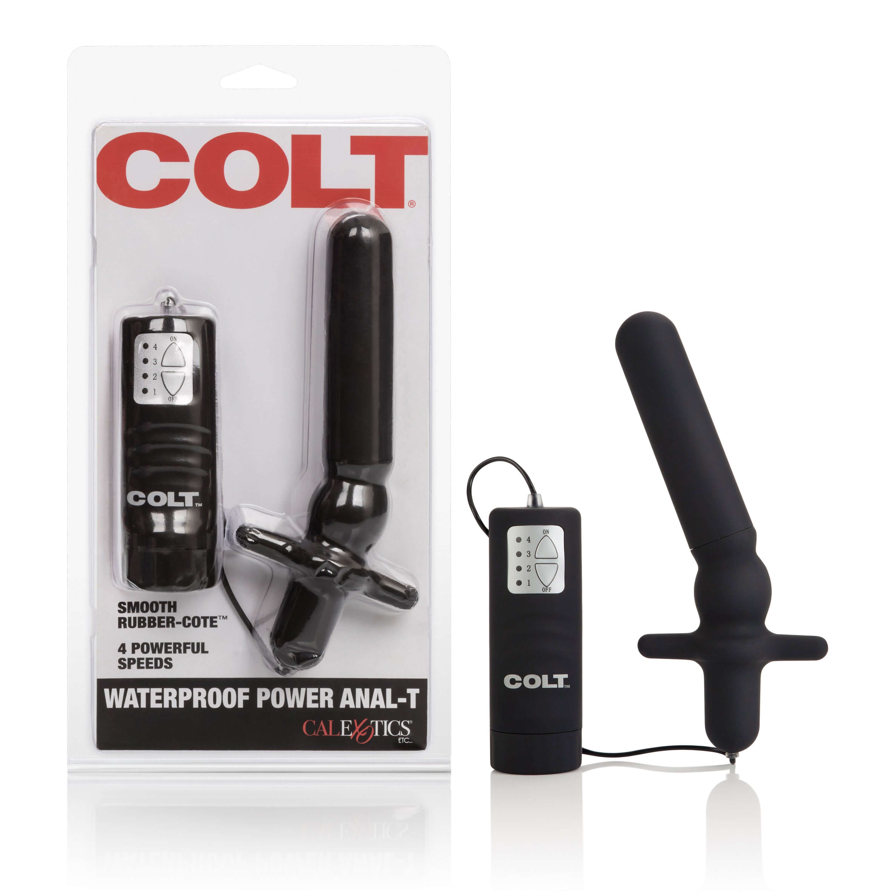 Colt Waterproof Anal T Massager Black packaging with smooth rubber-cote and multi-speed control for targeted pleasure.
