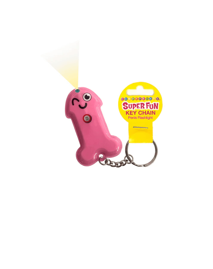 Super Fun Penis Flashlight Keychain Bag of 6 featuring a pink penis-shaped flashlight with a smiling face.