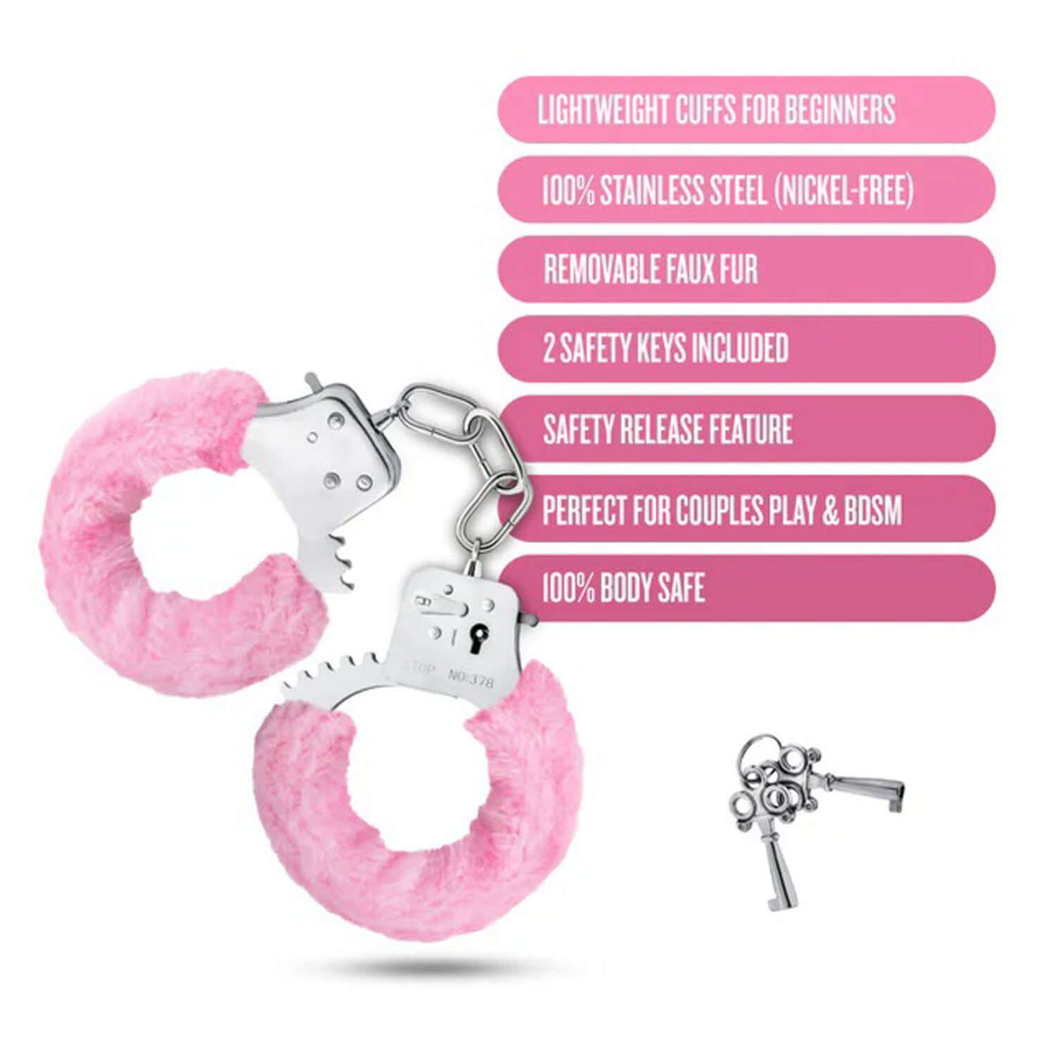 Temptasia Beginner Cuffs in pink, featuring lightweight design, stainless steel, removable faux fur, safety keys, and body-safe materials.