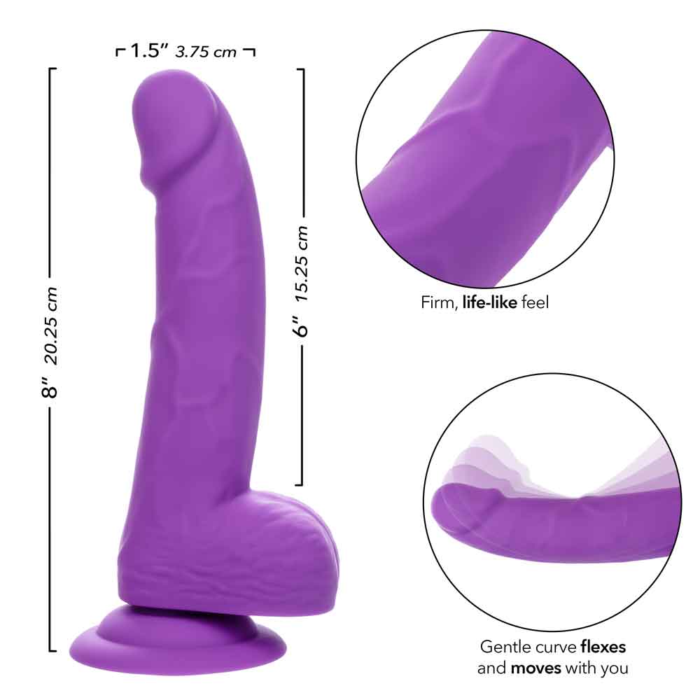 Purple Neon Silicone Studs 6 Inch Dildo with firm, life-like feel and gentle curve for flexibility, shown with measurements in inches and cm