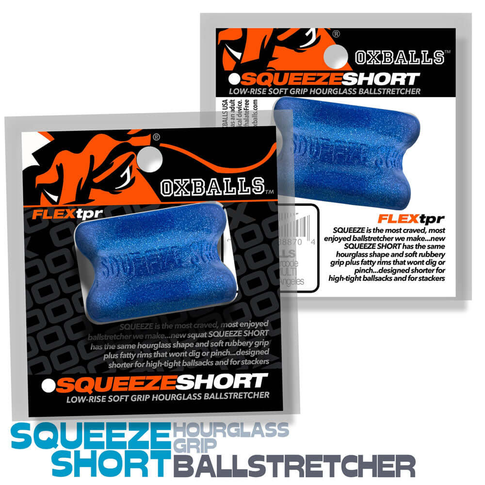 Oxballs Squeeze Short Ballstretcher Blue Fire product packaging featuring low-rise soft grip design.