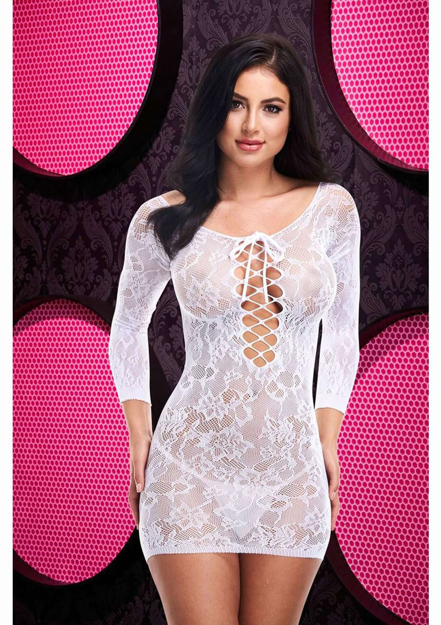 Lace off-the-shoulder mini dress in white with intricate floral design, perfect for trendy clubwear fashion.