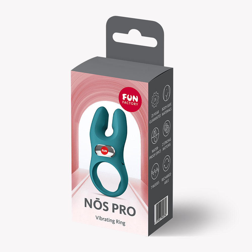Fun Factory Nos Classic Vibrating Cock Ring Green packaged product, showcasing its ergonomic design and vibrant color.