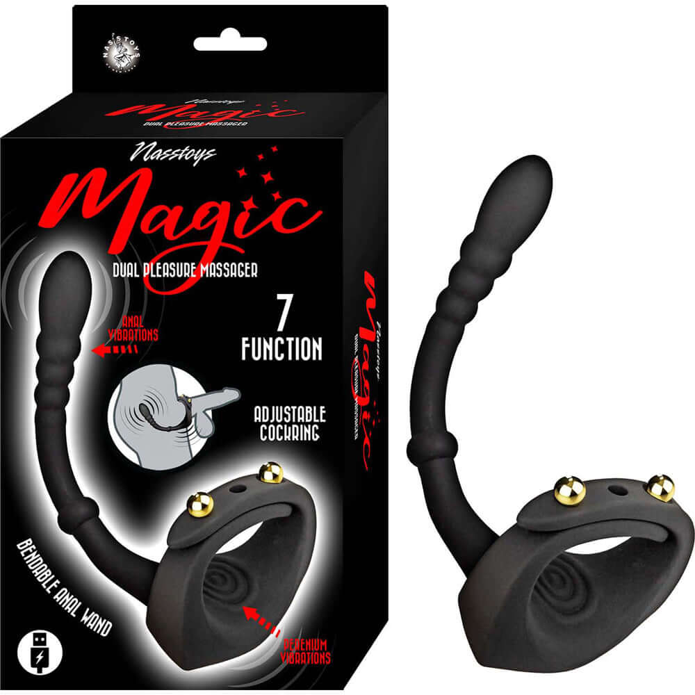 Magic Dual Pleasure Massager Black packaging featuring a versatile design for customizable stimulation and comfort.
