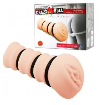 Ressi Flesh 3D Vagina Stroker White in packaging showcasing realistic skin-like texture and compact design.