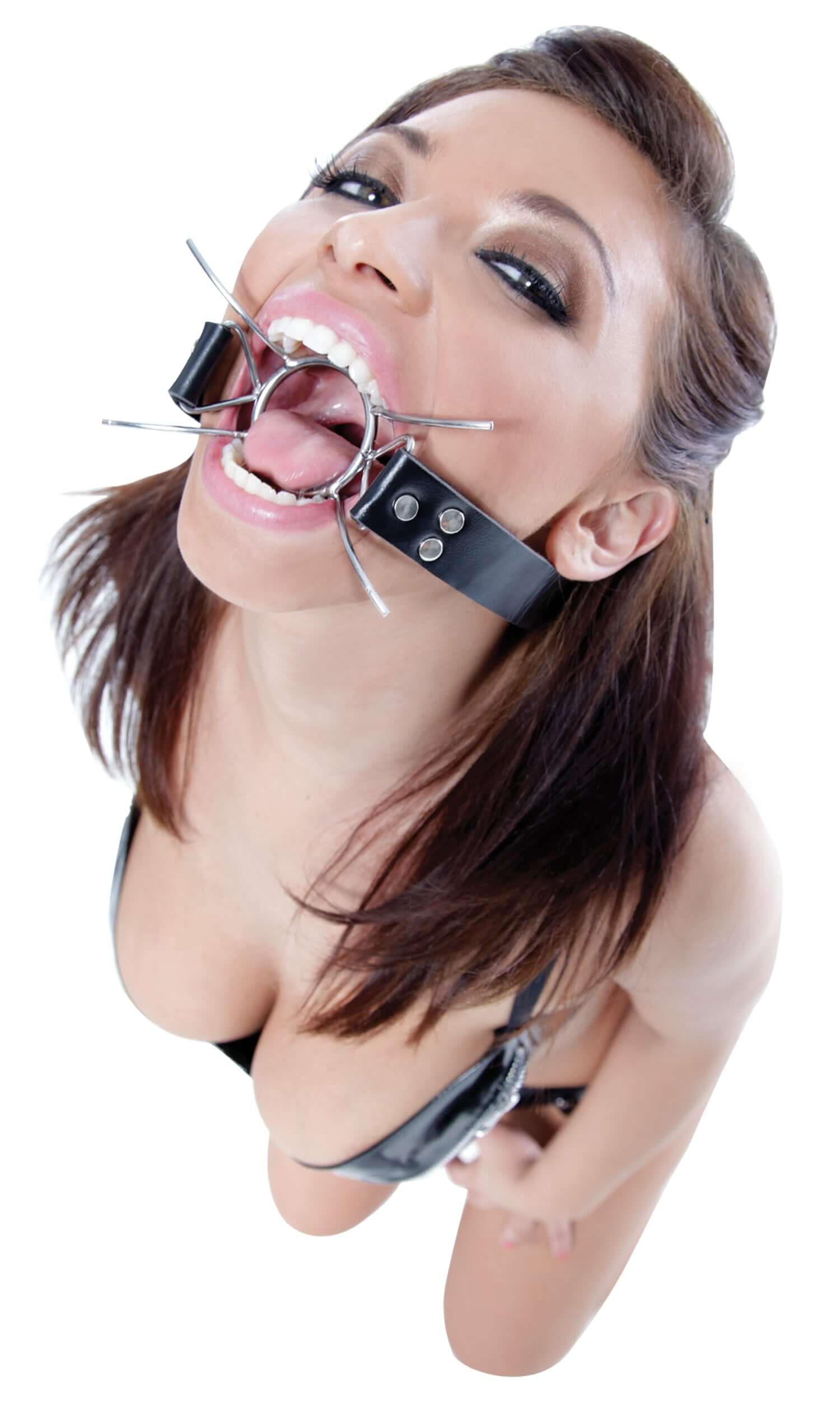 Fetish Fantasy Extreme Spider Gag worn by a model, showcasing its design for advanced role-play and sensory control.