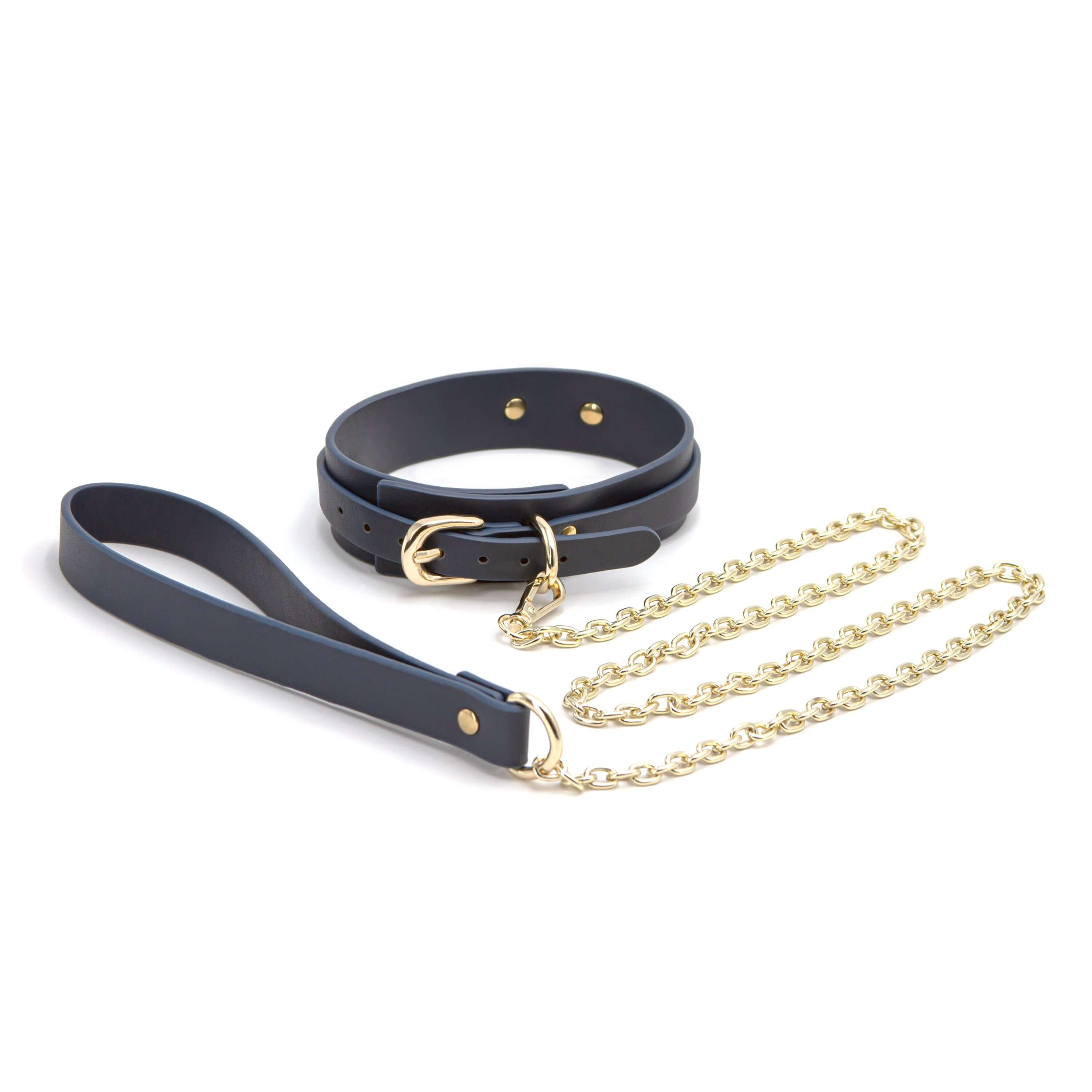 Bondage Couture Collar & Leash Blue in navy with gold chain and buckle, stylish and elegant accessory for bondage enthusiasts.