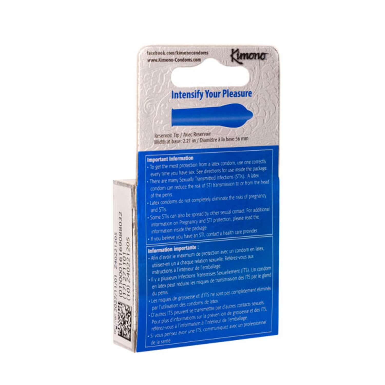 Back view of Kimono MicroThin XL 3 Count Condoms box, highlighting size and safety information, made from premium vegan latex.