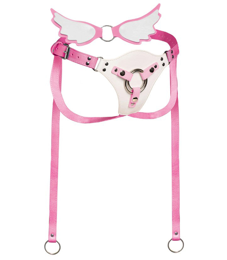Majestic Solyra Fantasy Strap-on Harness with pink straps and angel wing details, showcasing fantasy-inspired design.