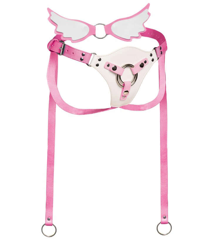 Majestic Solyra Fantasy Strap-on Harness with pink straps and angel wing details, showcasing fantasy-inspired design.