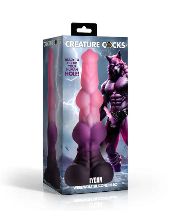 Creature Cocks Lycan Werewolf Silicone Dildo in vibrant packaging with striking design.