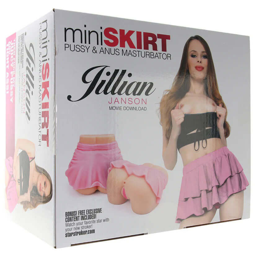 Jillian Janson Pussy & Anus Masturbator Beige box featuring playful mini skirt design and dual-entry for satisfaction.