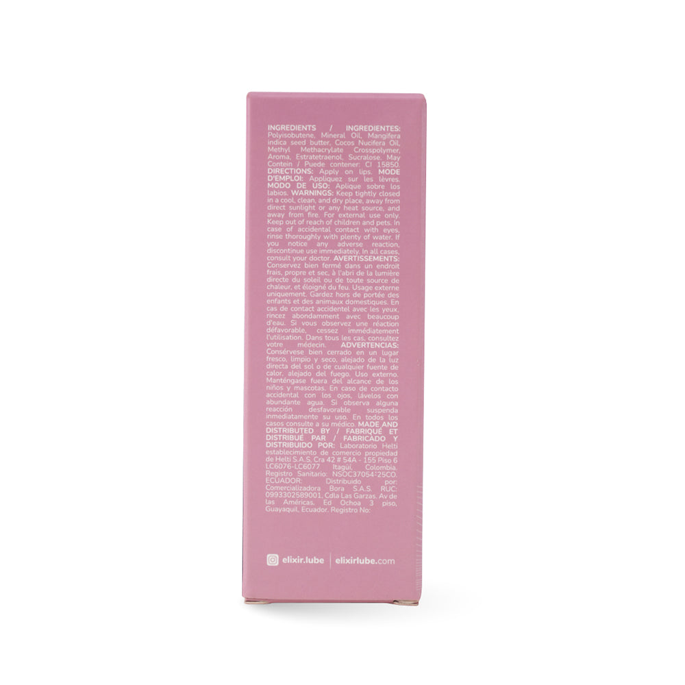 Ingredients list for Elixir Magnetic Lip Gloss With Pheromones 5 ml packaging side view.