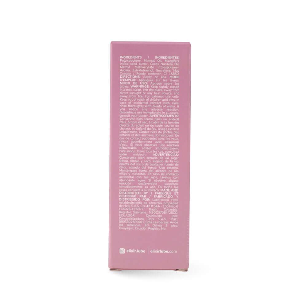 Ingredients list for Elixir Magnetic Lip Gloss With Pheromones 5 ml packaging side view.