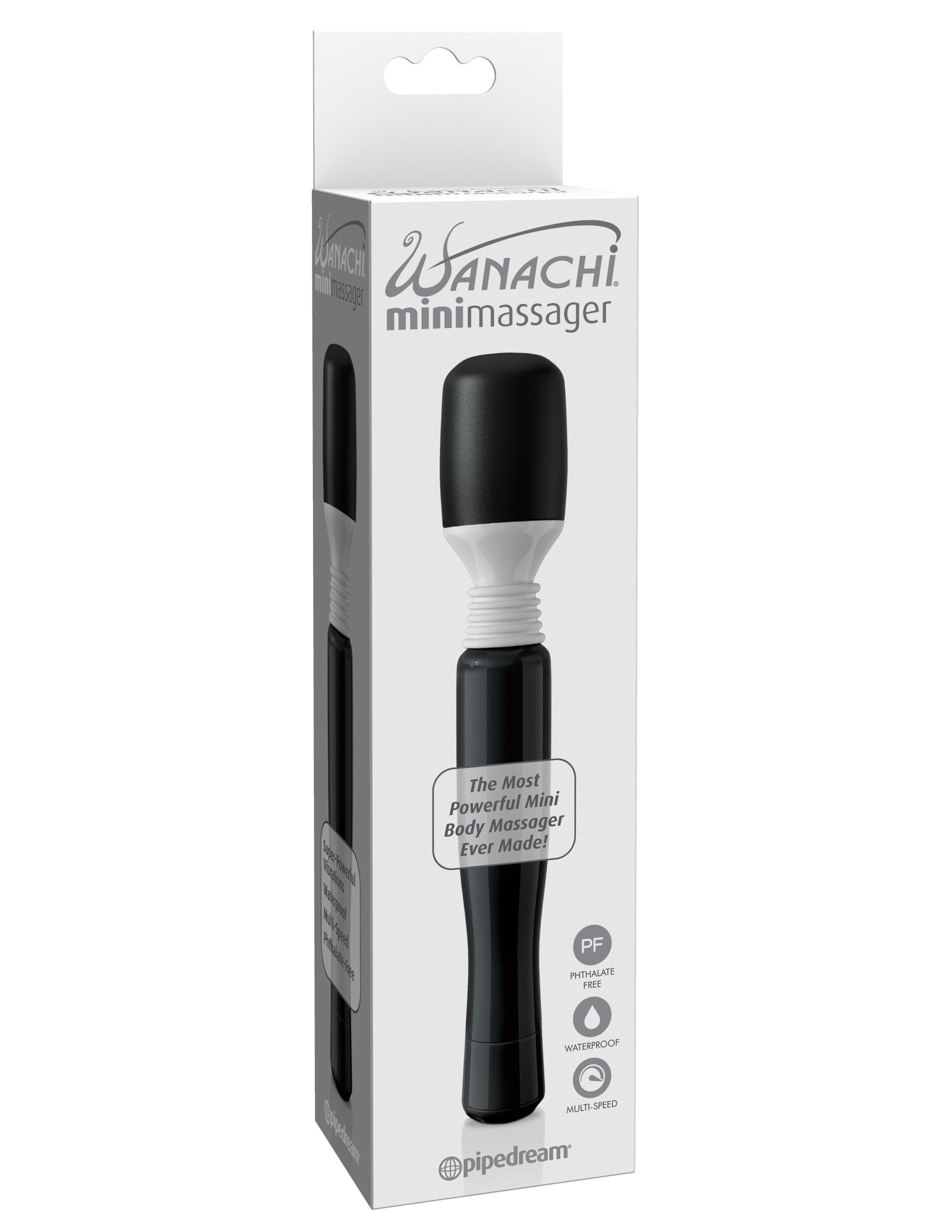 Wanachi Mini Wand Massager Black packaging designed for targeted muscle relief and soothing vibrations.
