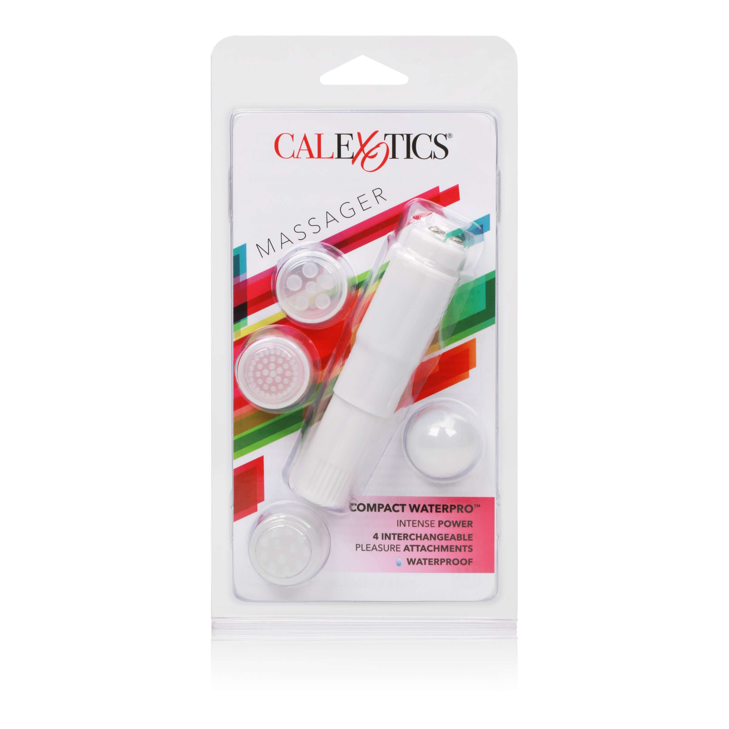 Compact Waterproof Personal Massager With 4 Tips White packaged with interchangeable attachments and waterproof features.