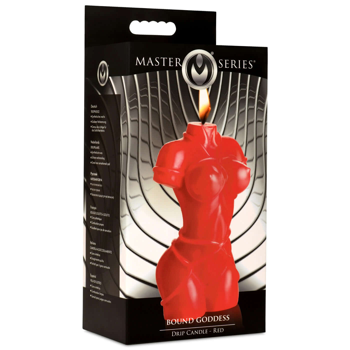 Red Bound Goddess Drip Candle in packaging - anatomically correct woman's torso sculpture with rope design, Master Series.