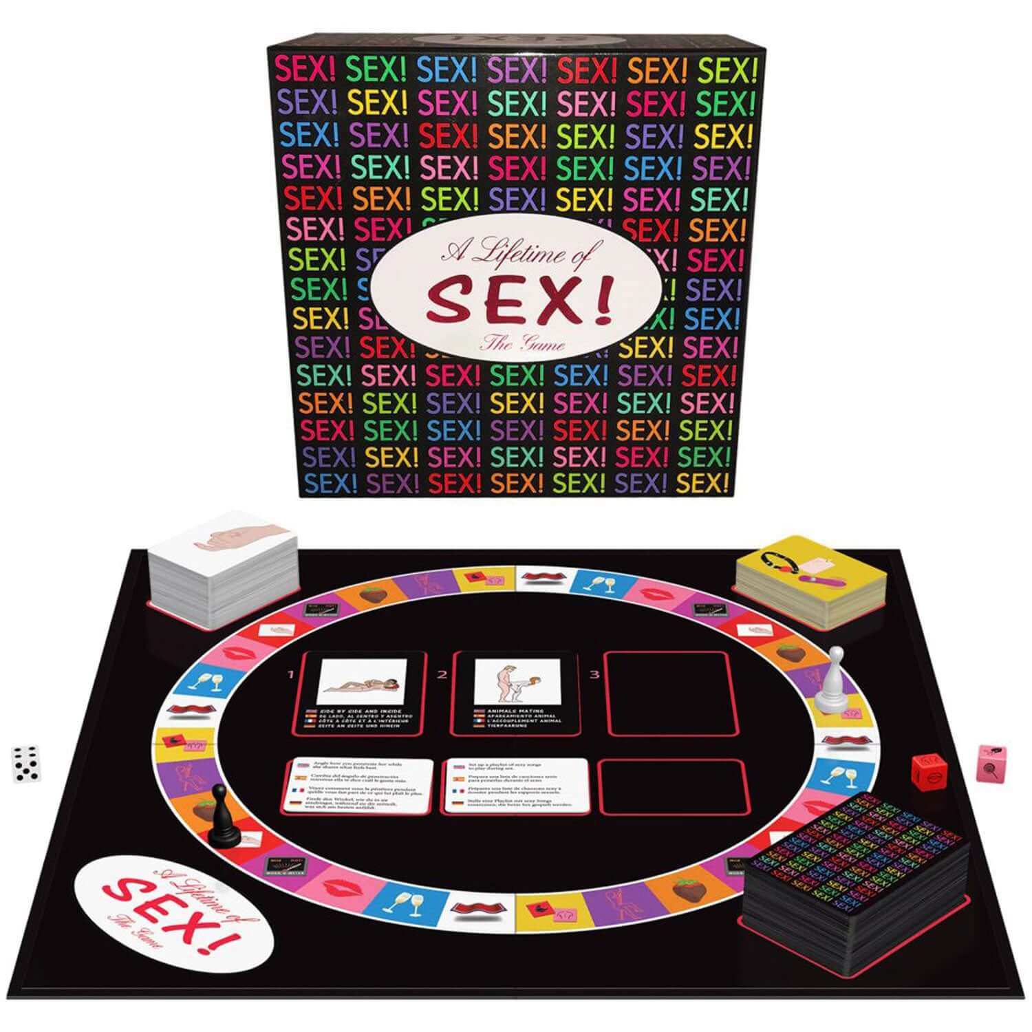 A Lifetime of Sex! board game with cards, dice, and pieces for an exciting and unique sexual fantasy experience.