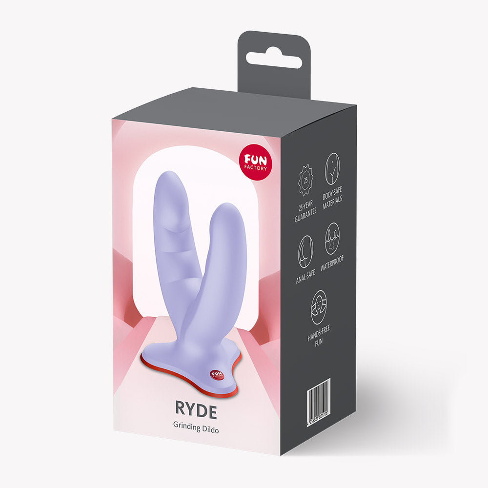 Fun Factory Ryde Grinding Dildo Purple packaging showcasing ribbed dual-shaft design for enhanced stimulation.