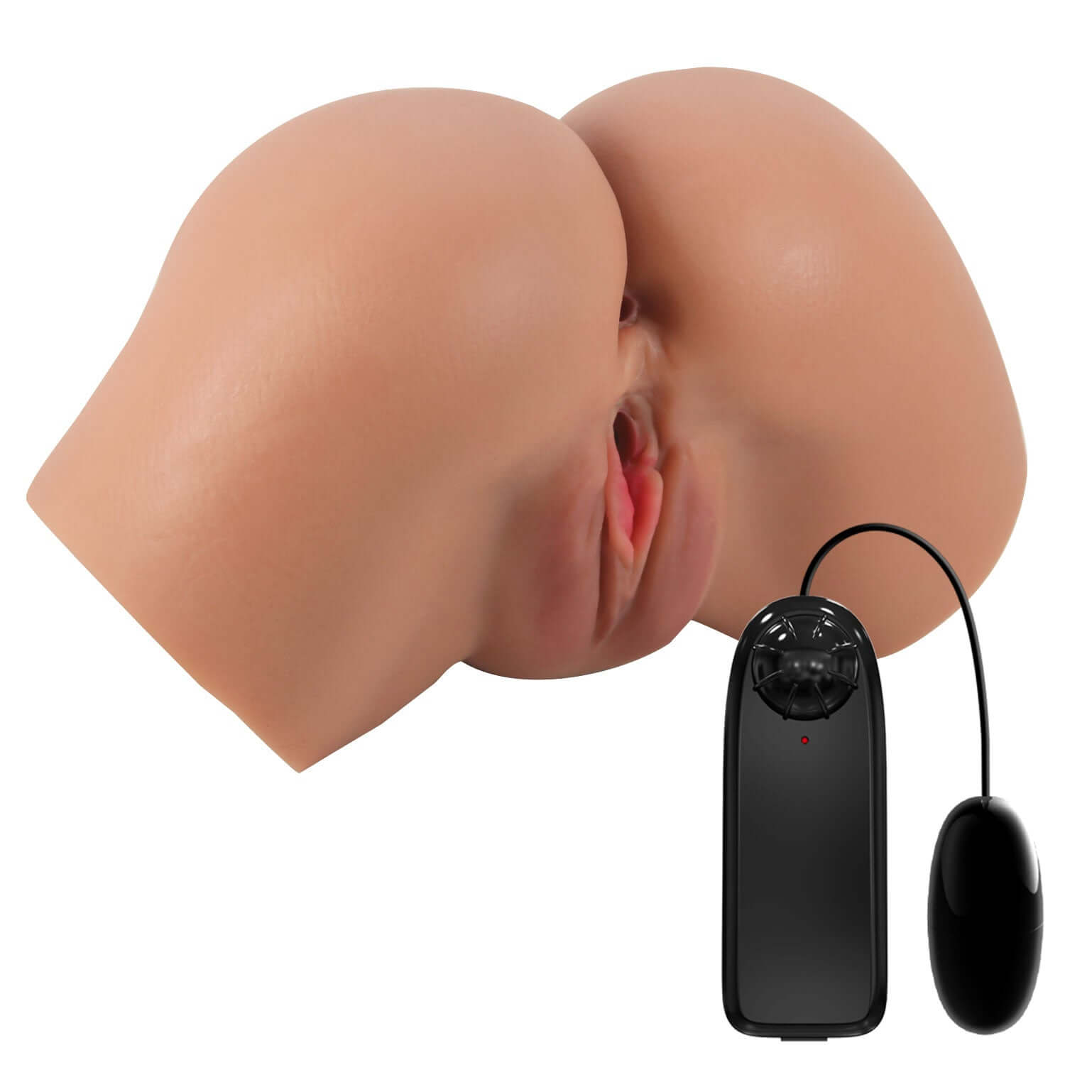 Realistic tan dual entry masturbator with vibrator, featuring lifelike vagina and anus openings for enhanced pleasure.