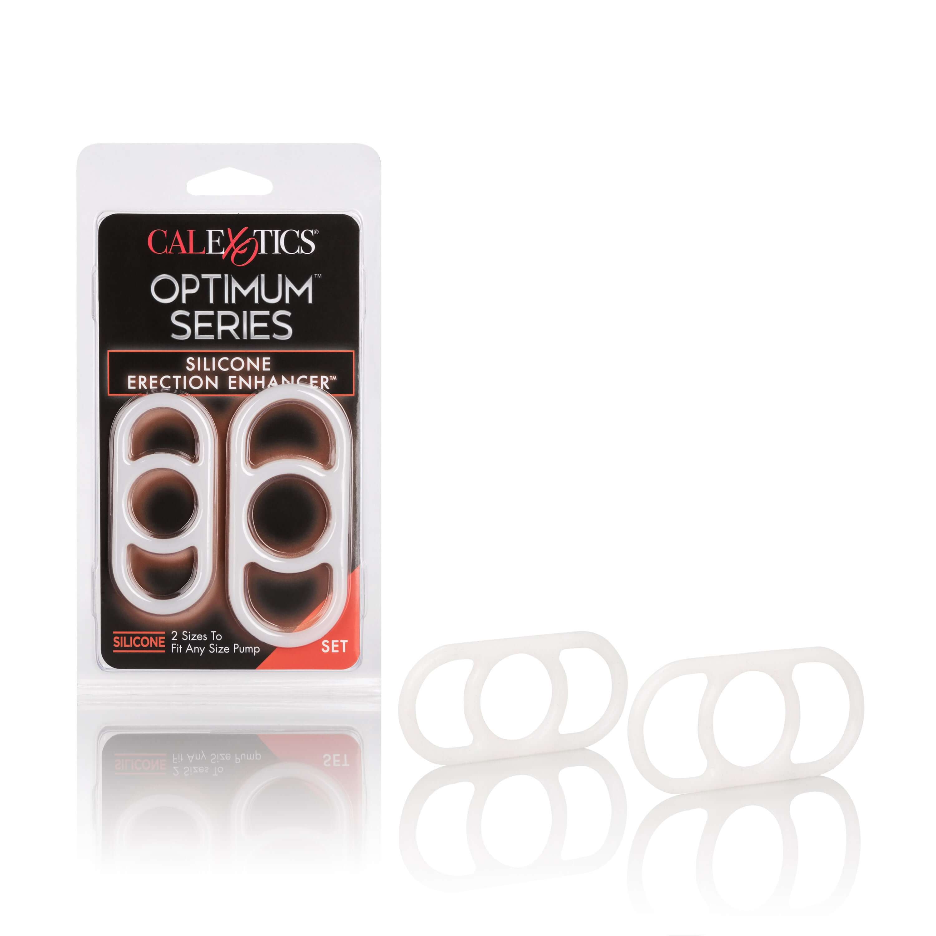 Silicone Erection Enhancer Set of Two in packaging, featuring two sizes of flexible support rings for enhancement.
