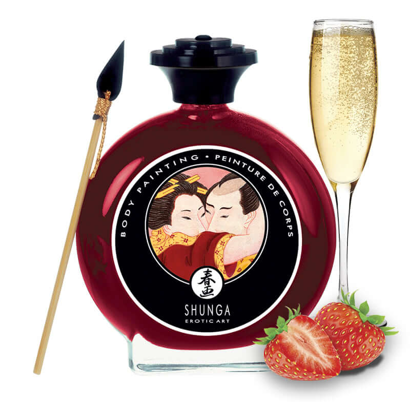 Shunga Edible Body Paint Sparkling Strawberry Wine 3.5 Oz with a paintbrush, champagne glass, and strawberries.