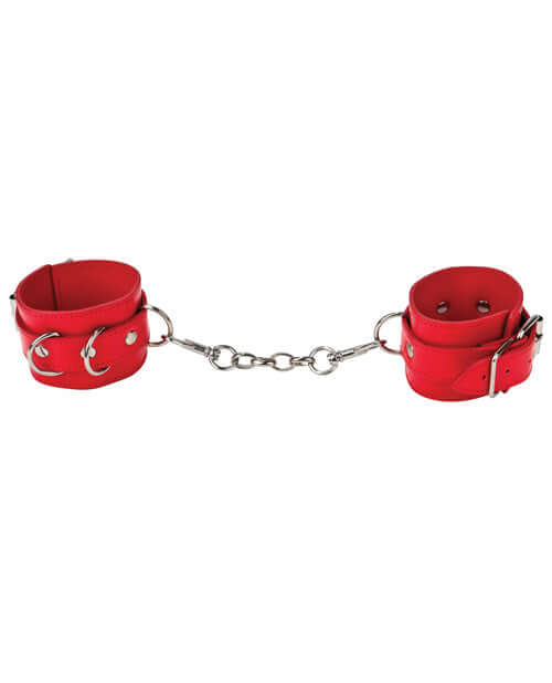 Shots Ouch Leather Cuffs Red featuring durable leather straps and metal chain for stylish restraint.