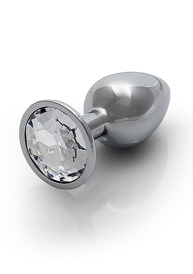 Round Gem Butt Plug Small Silver Diamond with polished aluminum body and faux diamond gem base.