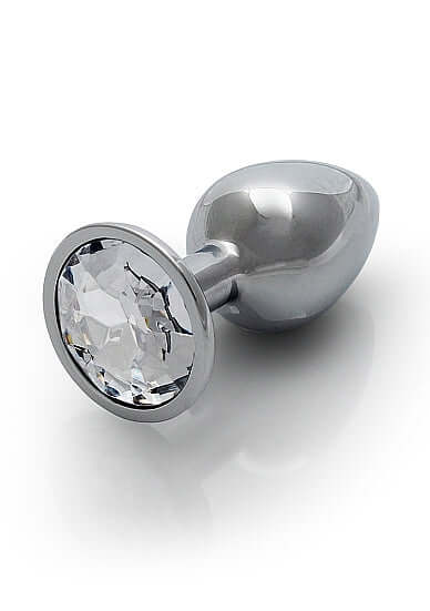 Round Gem Butt Plug Small Silver Diamond with polished aluminum body and faux diamond gem base.