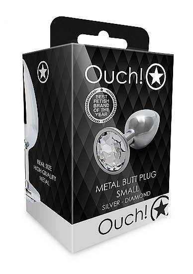 Round Gem Butt Plug Small Silver Diamond packaging featuring a sparkling faux diamond and elegant design.