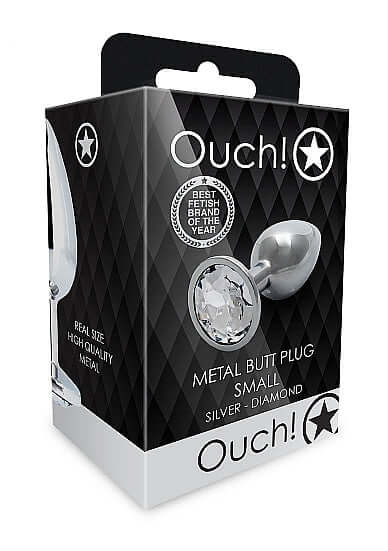 Round Gem Butt Plug Small Silver Diamond packaging featuring a sparkling faux diamond and elegant design.