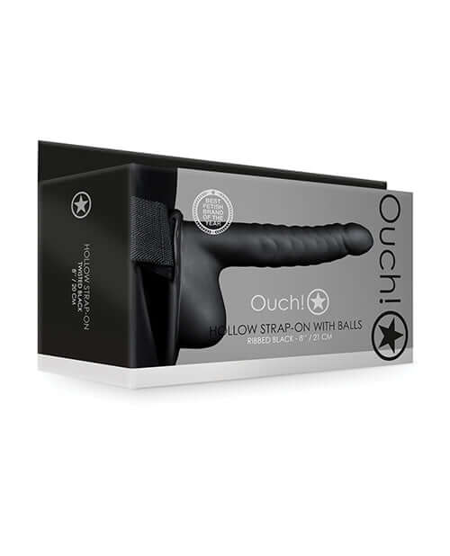 Ouch 8 inch Ribbed Hollow Strap On with Balls Black packaging showcasing the product design and features.