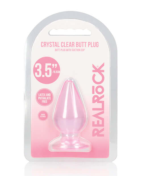 RealRock Crystal Clear 3.5 inch Anal Plug Pink in packaging with suction cup, latex and phthalate free.