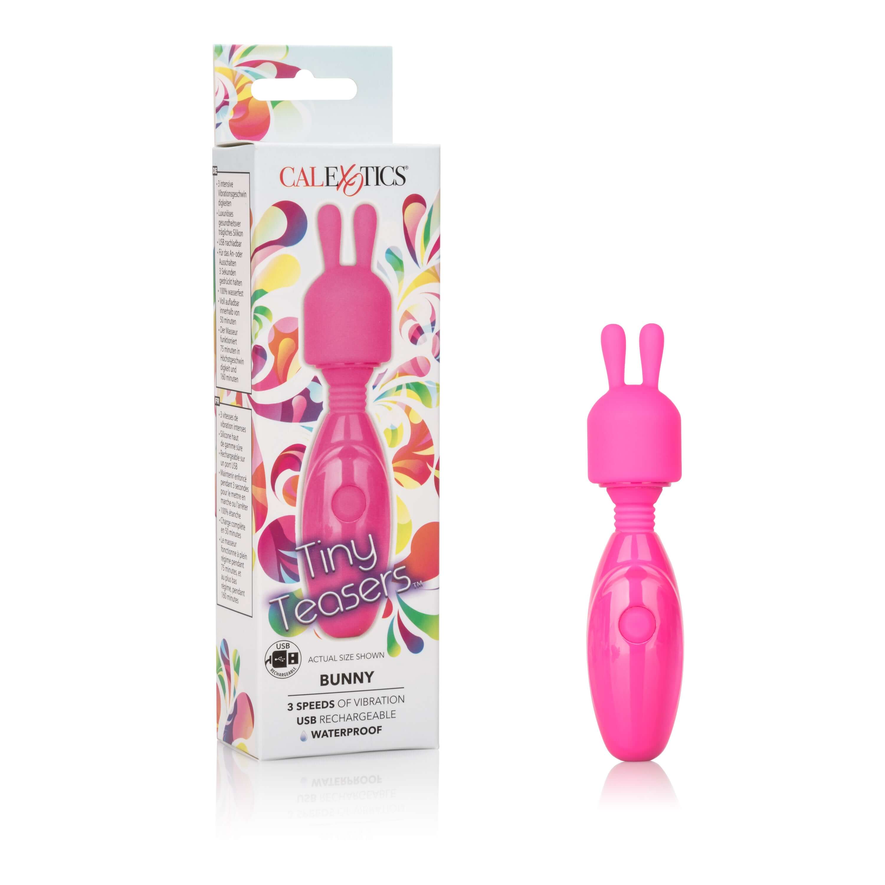 Tiny Teasers Bunny Massager Pink package with pink bunny-shaped massager, featuring 3 speeds and waterproof design.