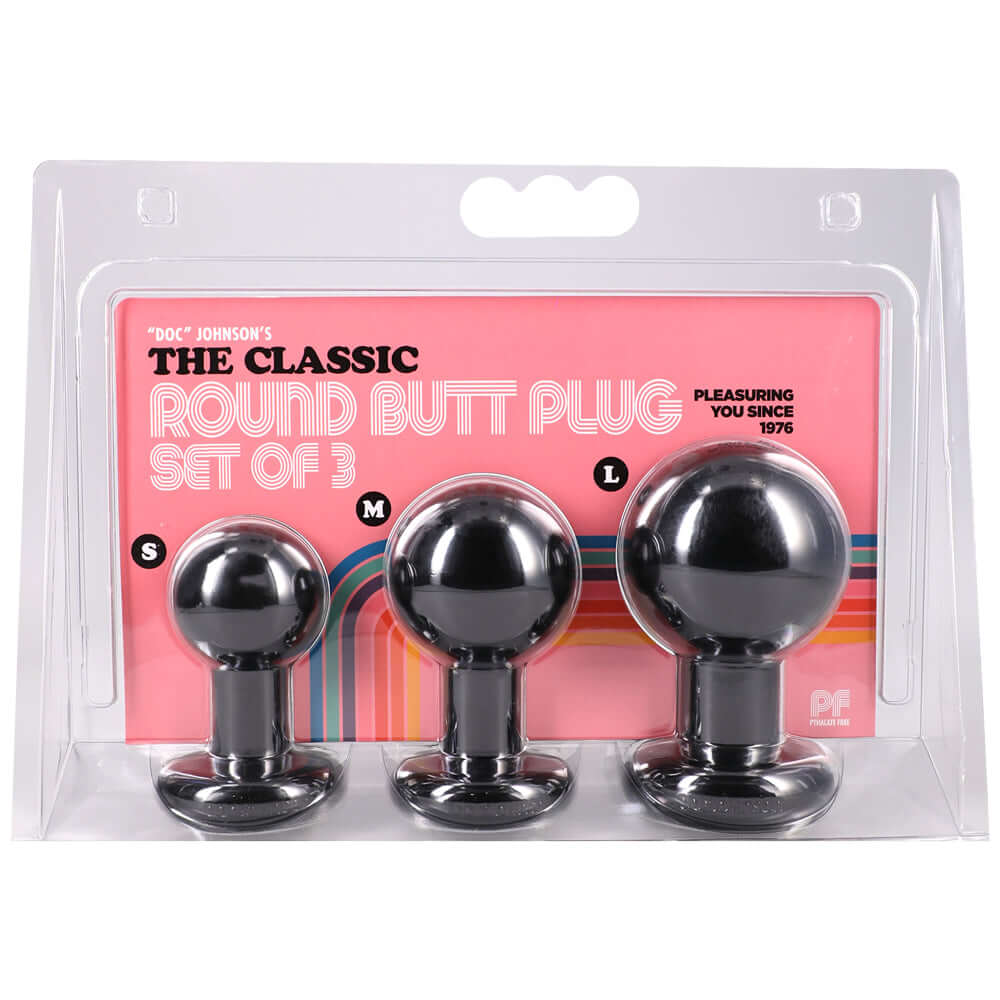 Classic Round Butt Plug Set 3 Piece Black featuring three graduated sizes for comfortable use.
