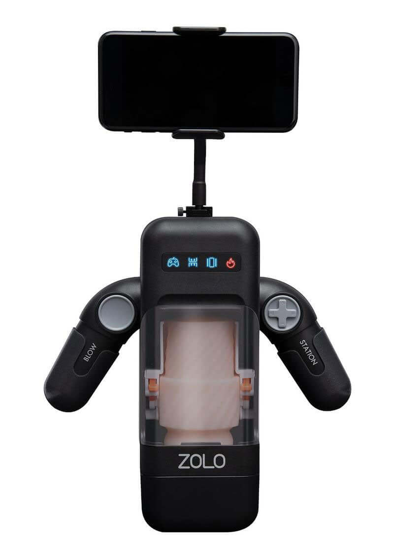ZOLO Blowstation Masturbator Black with smartphone mount and controls for customizable hands-free pleasure.