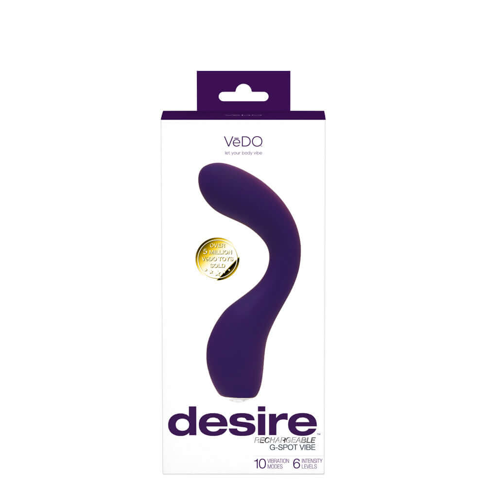 Vedo Desire Rechargeable G-Spot Vibe - Purple in packaging with flexible curved shaft, 10 vibration modes, and 6 intensity levels
