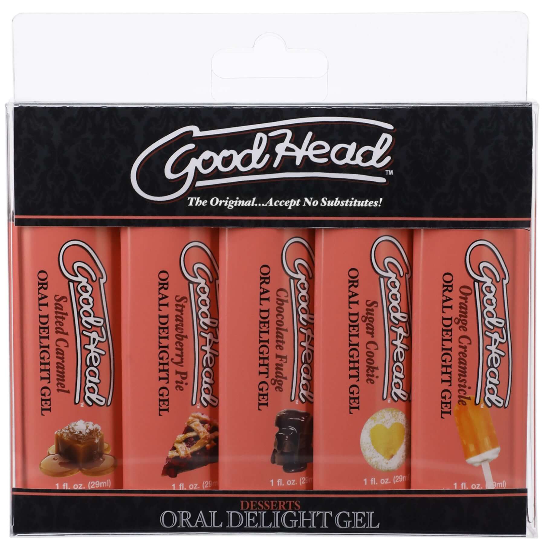 Goodhead Oral Delight Gel Dessert 5 Pack 1 Oz featuring five indulgent flavors for enhanced intimacy.