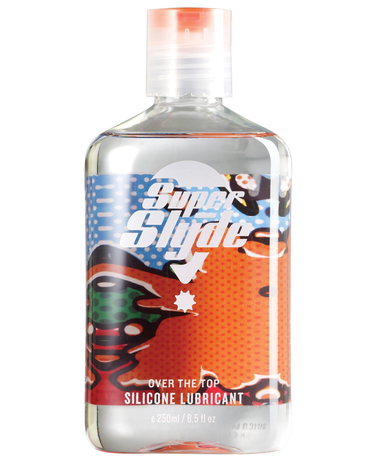 SuperSlyde Over The Top Silicone Lubricant 8.5 Oz bottle with colorful design and logo.