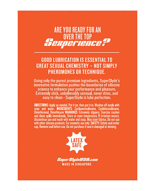 SuperSlyde Over The Top Silicone Lubricant 13.56 Oz product label with usage instructions and safety information.
