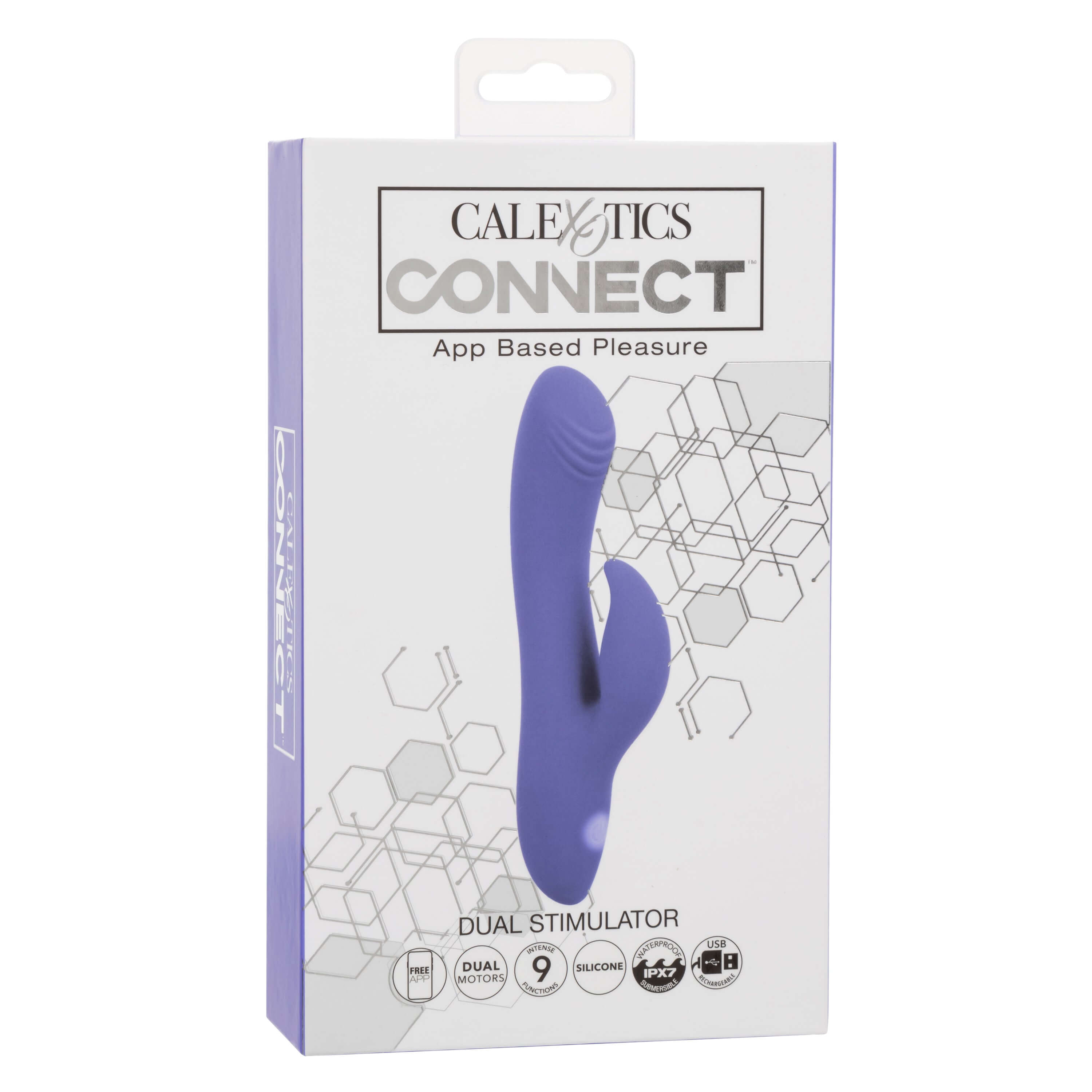 CalExotics Connect Dual Stimulator in Periwinkle packaging, highlighting app-based pleasure and dual motor design.