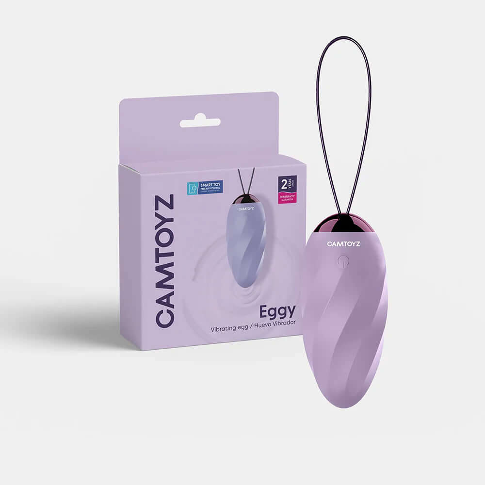 Eggy Camtoyz Vibrating Egg Purple in packaging showcasing its sleek design and features for clitoral and G-spot stimulation.