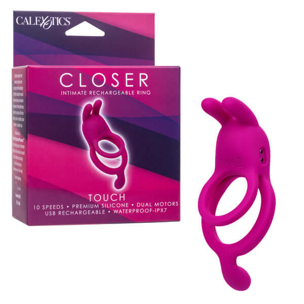 Closer Intimate Rechargeable Ring Touch Pink with dual motors and waterproof design for enhanced pleasure.