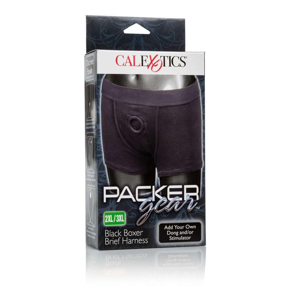 Packer Gear Black Boxer Brief Harness 2XL 3XL packaging showcasing a masculine boxer-brief design for packing and harness play.
