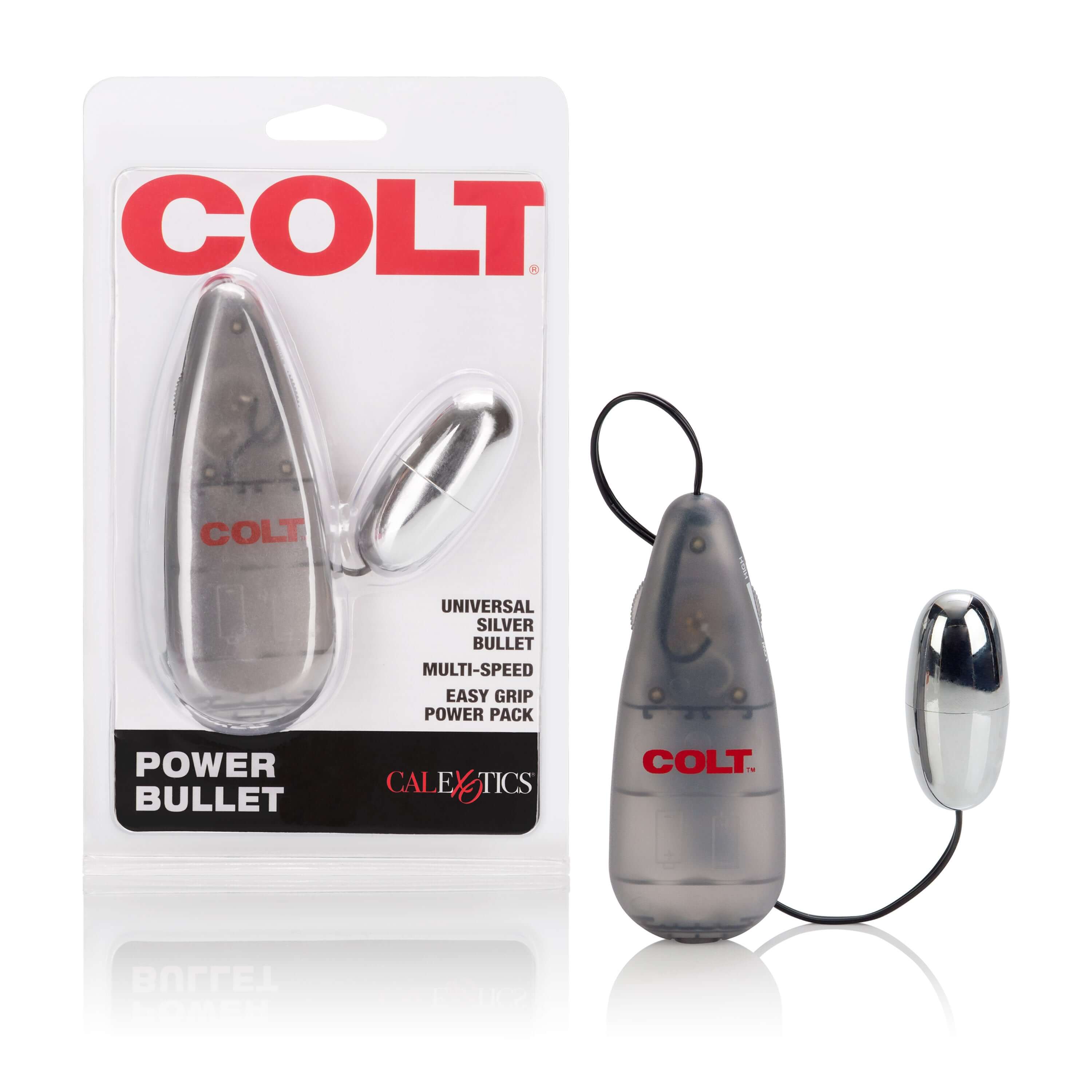 Colt Power Silver Bullet Vibrator in packaging with universal bullet and power control features.