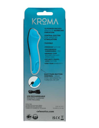 Kroma Turbo Exciter Rechargeable Mini Massager Blue packaging featuring 10 vibration speeds and waterproof design.