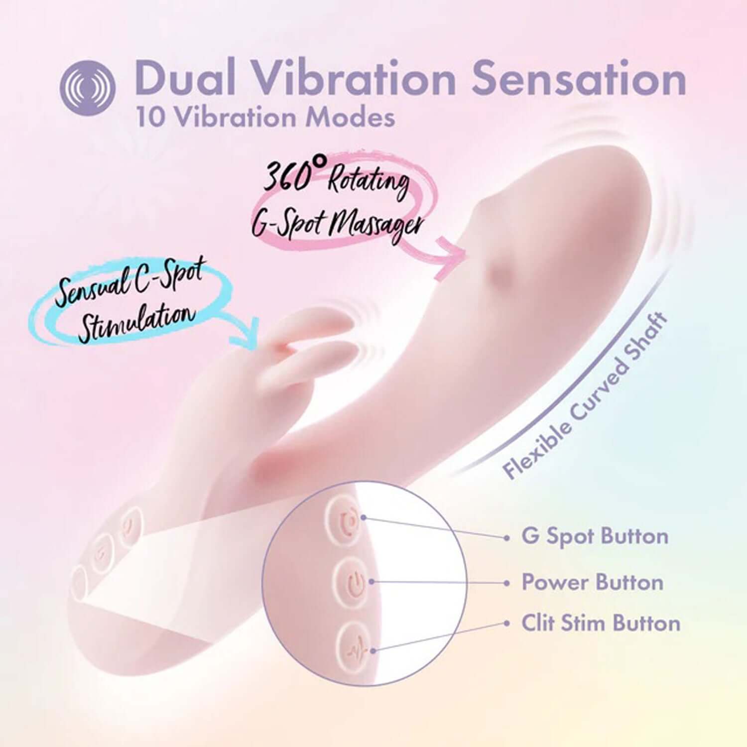 Play With Me Fairy Flutter Pink rabbit massager with dual vibration modes, 360° rotating G-Spot massager, flexible curved shaft and stimulation buttons.